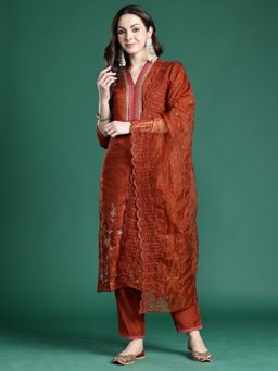 Indo Era - Rust Silk Blend Three Fourth Sleeves Kurta With Pant & Dupatta