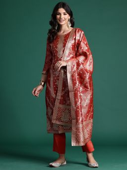 Indo Era - Red Silk Blend Three Fourth Sleeves Kurta With Pant & Dupatta