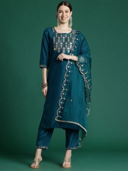 Indo Era - Teal Silk Blend Three Fourth Sleeves Kurta With Pant & Dupatta