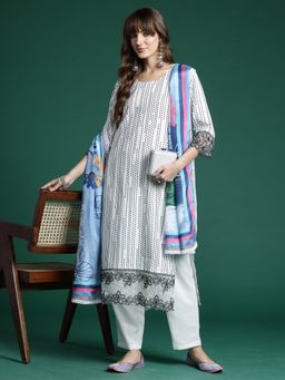 Indo Era - White Cotton Blend Three Fourth Sleeves Kurta With Pant & Dupatta