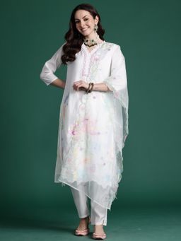 Indo Era - White Silk Blend Three Fourth Sleeves Kurta With Pant & Dupatta