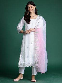 Indo Era - White Silk Blend Three Fourth Sleeves Kurta With Pant & Dupatta