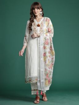 Indo Era - White Linen Three Fourth Sleeves Kurta With Pant & Dupatta