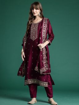 Indo Era - Purple Silk Blend Three Fourth Sleeves Kurta With Pant & Dupatta