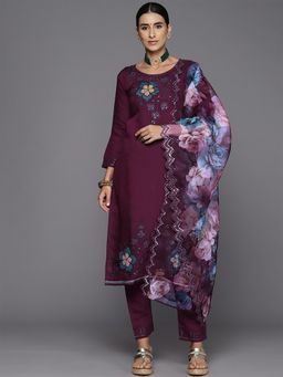 Indo Era - Purple Silk Blend Three Fourth Sleeves Kurta With Pant & Dupatta