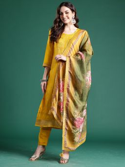 Indo Era - Yellow Silk Blend Three Fourth Sleeves Kurta With Pant & Dupatta