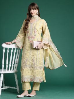 Indo Era - Yellow Organza Three Fourth Sleeves Kurta With Pant & Dupatta