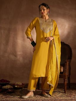 Indo Era - Yellow Chinon Three Fourth Sleeves Kurta With Pant & Dupatta