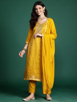 Indo Era - Yellow Silk Blend Three Fourth Sleeves Kurta With Pant & Dupatta