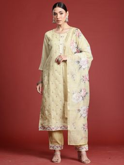 Indo Era - Yellow Linen Three Fourth Sleeves Kurta With Pant & Dupatta