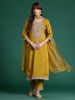 Indo Era - Yellow Silk Blend Three Fourth Sleeves Kurta With Pant & Dupatta