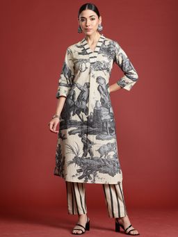 Indo Era - Beige Linen Three Fourth Sleeves Kurta With Pant