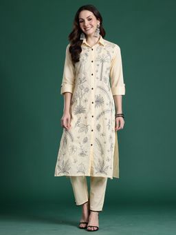 Indo Era - Beige Pure Cotton Three Fourth Sleeves Kurta With Pant