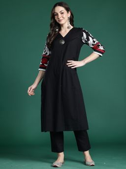 Indo Era - Black Pure Cotton Three Fourth Sleeves Kurta With Pant