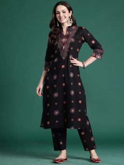 Indo Era - Black Pure Cotton Three Fourth Sleeves Kurta With Pant