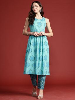 Indo Era - Blue Pure Cotton Sleeveless Anarkali Kurta With Pant