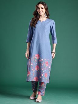 Indo Era - Blue Pure Cotton Three Fourth Sleeves Co-Ord Set
