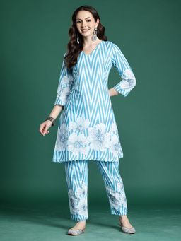 Indo Era - Blue Pure Cotton Three Fourth Sleeves Co-Ord Set
