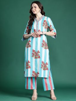 Indo Era - Blue Pure Cotton Three Fourth Sleeves Co-Ord Set