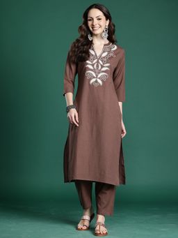 Indo Era - Brown Pure Cotton Three Fourth Sleeves Kurta With Pant