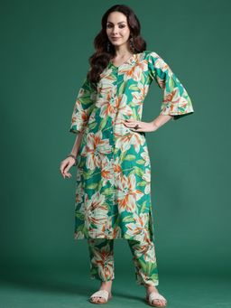 Indo Era - Green Pure Cotton Three Fourth Sleeves Co-Ord Set