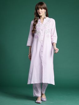 Indo Era - Lavender Pure Cotton Three Fourth Sleeves Kurta With Pant