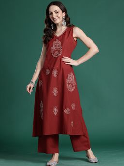 Indo Era - Maroon Pure Cotton Sleeveless Kurta With Palazzo