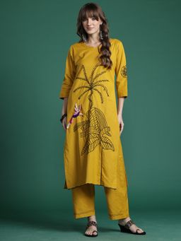 Indo Era - Mustard Pure Cotton Three Fourth Sleeves Kurta With Pant