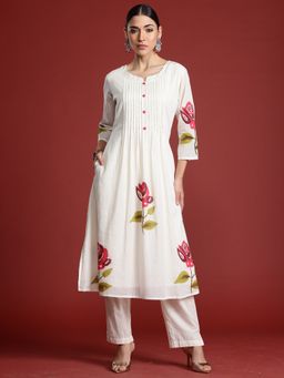 Indo Era - Cream Pure Cotton Three Fourth Sleeves Kurta With Pant