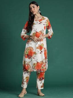 Indo Era - Cream Pure Cotton Three Fourth Sleeves Kurta With Pant