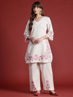 Indo Era - Cream Pure Cotton Three Fourth Sleeves Kurta With Palazzo