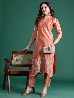 Indo Era - Peach Pure Cotton Three Fourth Sleeves Kurta With Pant