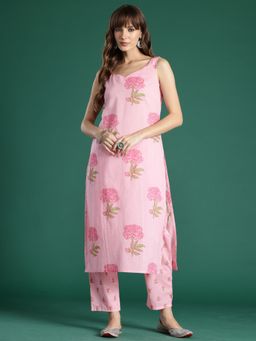 Indo Era - Pink Pure Cotton Sleeveless Kurta With Pant