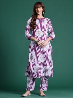 Indo Era - Purple Pure Cotton Three Fourth Sleeves Co-Ord Set