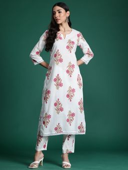 Indo Era - White Pure Cotton Three Fourth Sleeves Co-Ord Set