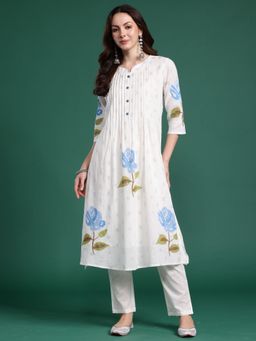 Indo Era - White Pure Cotton Three Fourth Sleeves Kurta With Pant