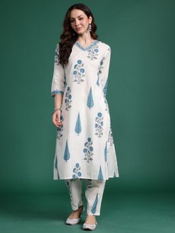 Indo Era - White Pure Cotton Three Fourth Sleeves Kurta With Pant