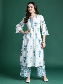 Indo Era - White Pure Cotton Three Fourth Sleeves Kurta With Palazzo