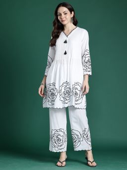 Indo Era - White Pure Cotton Three Fourth Sleeves Co-Ord Set