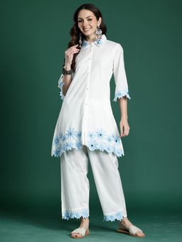 Indo Era - White Pure Cotton Three Fourth Sleeves Kurta With Palazzo