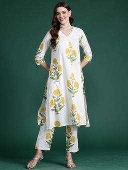 Indo Era - White Pure Cotton Three Fourth Sleeves Kurta With Pant
