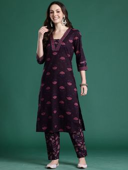 Indo Era - Purple Pure Cotton Three Fourth Sleeves Kurta With Pant