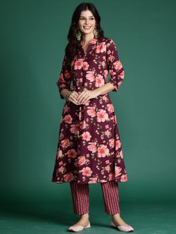 Indo Era - Burgundy Pure Cotton Three Fourth Sleeves Kurta With Pant