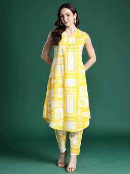 Indo Era - Yellow Pure Cotton Sleeveless Kurta With Pant