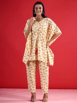 Indo Era - Yellow Pure Cotton Three Fourth Sleeves Kaftan With Pant
