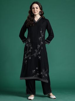 Indo Era - Black Viscose Rayon Three Fourth Sleeves Kurta With Pant
