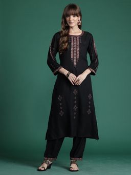 Indo Era - Black Viscose Rayon Three Fourth Sleeves Kurta With Pant