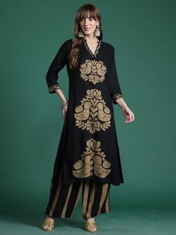 Indo Era - Black Viscose Rayon Three Fourth Sleeves Kurta With Palazzo