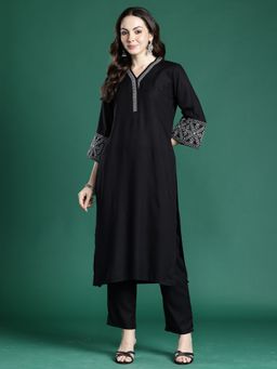 Indo Era - Black Viscose Rayon Three Fourth Sleeves Kurta With Pant