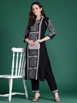 Indo Era - Black Viscose Rayon Three Fourth Sleeves Kurta With Pant